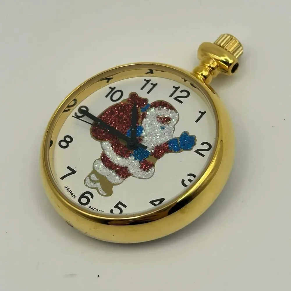 Santa Claus Dial Gold-tone Stainless Steel Pocket Watch Working New Battery